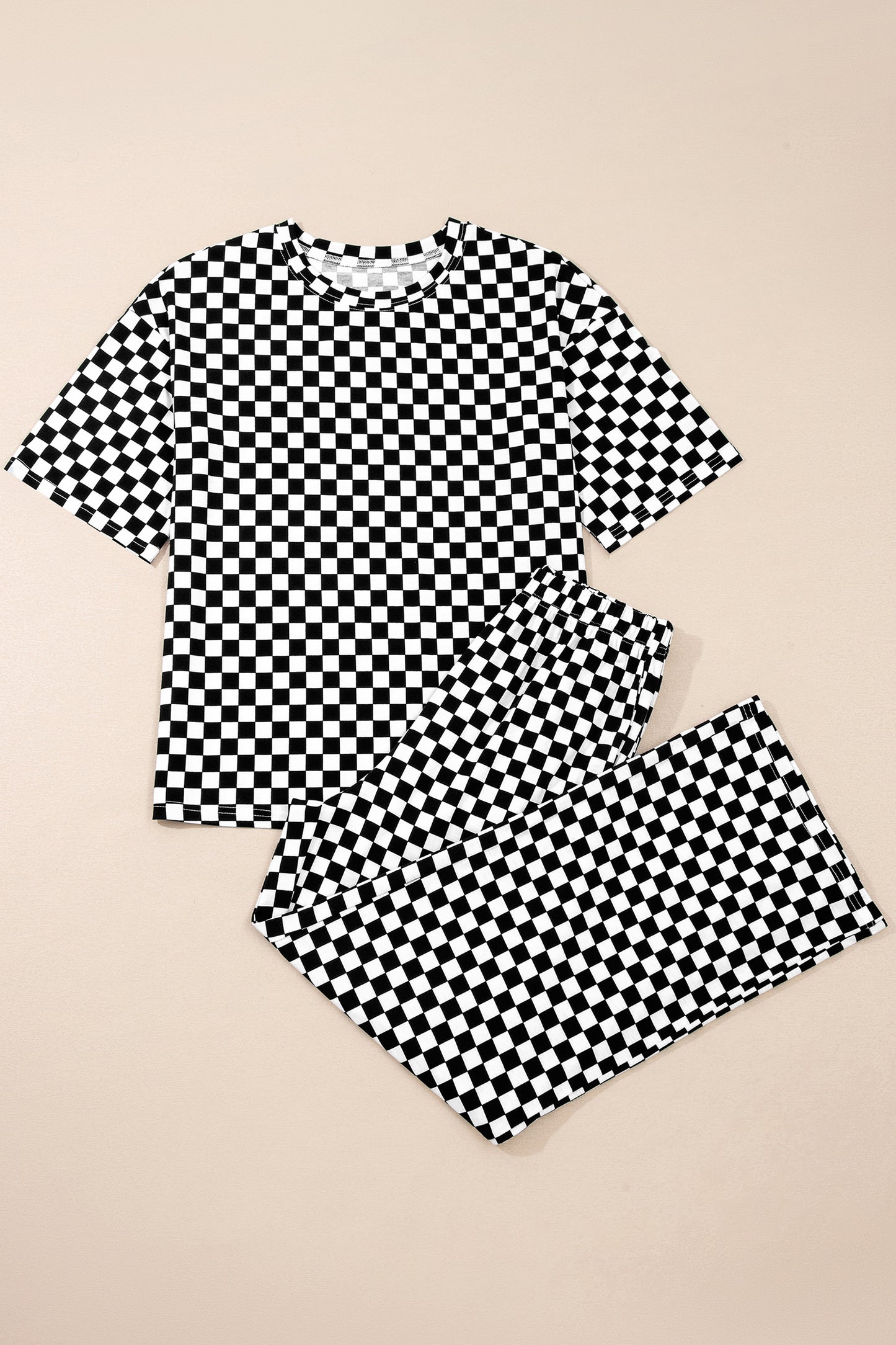 Black Checkered Print Half Sleeve Tee 2pcs Lounge Pant Set