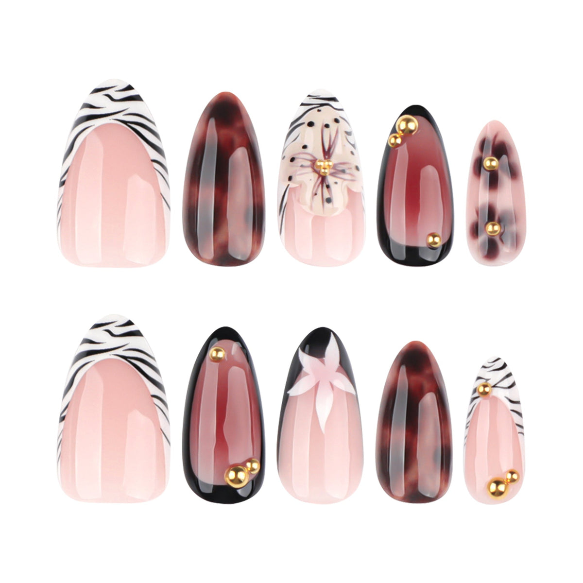 Mixed Floral Animal Pattern Almond Art Nails – Image 5