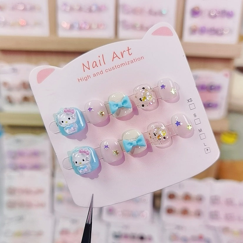 Blue Bow Hello Kitty Kids Press On Nails Set – Image 3
