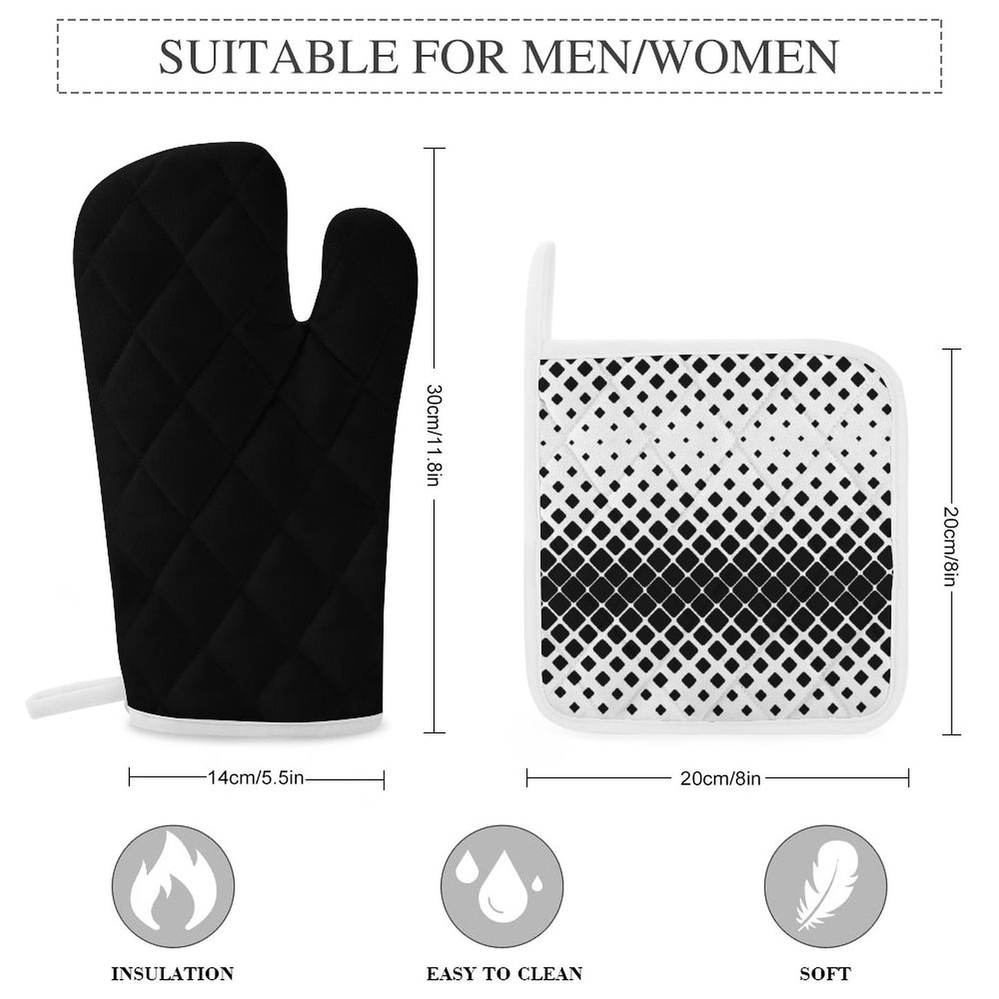 Oven Mitts & Pot Holder Set of 3 Black and White