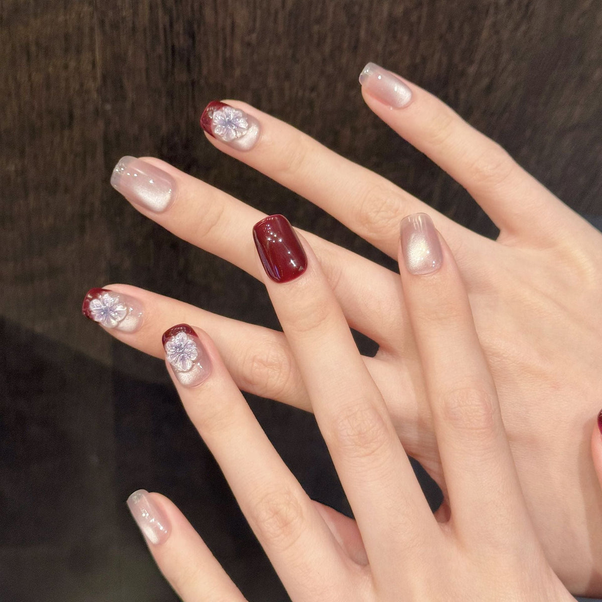 365nails: "Midnight Bloom" – Hand-Painted Floral Gradient Handmade Medium Square Nails – Image 3