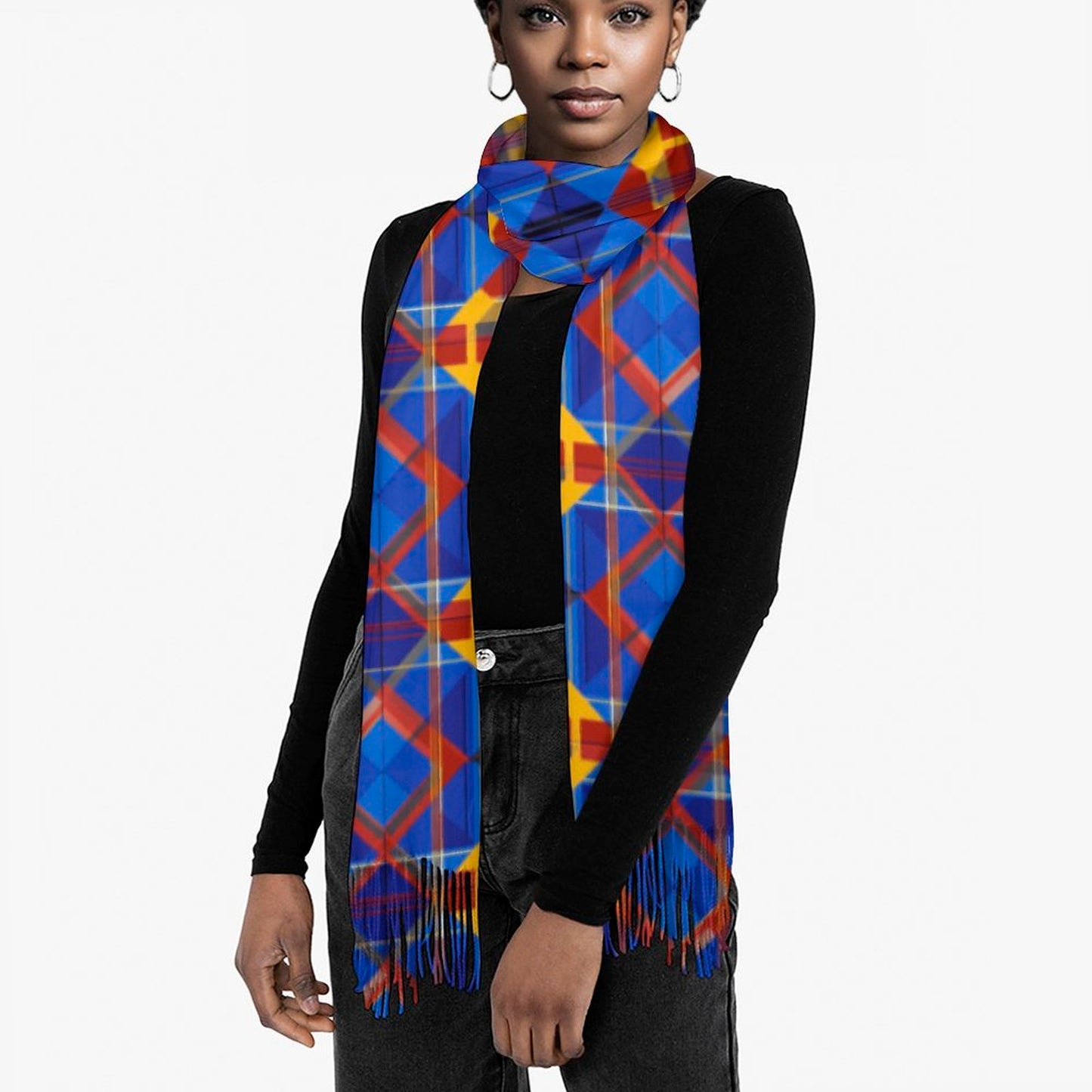 Cashmere-like Tassel Scarf Blue Plaid