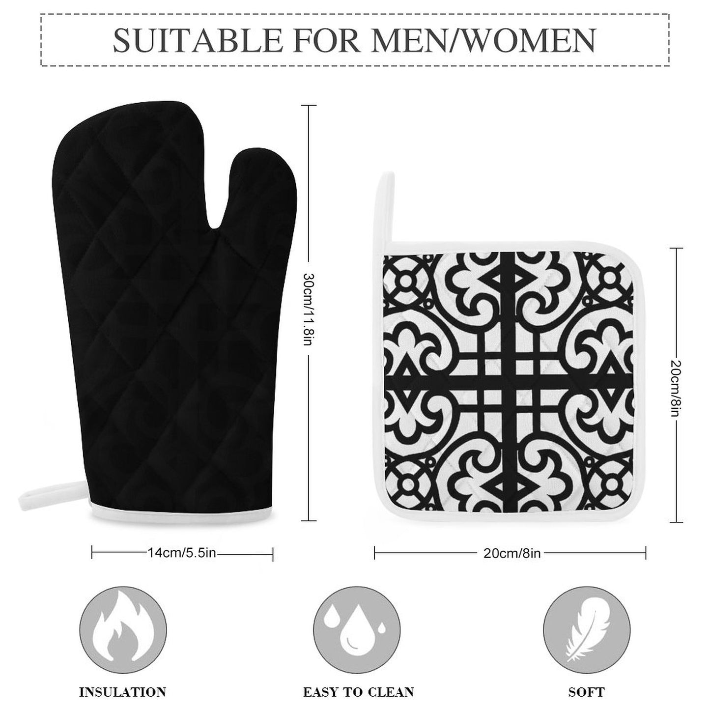 Oven Mitts & Pot Holder Set of 3 Black and White