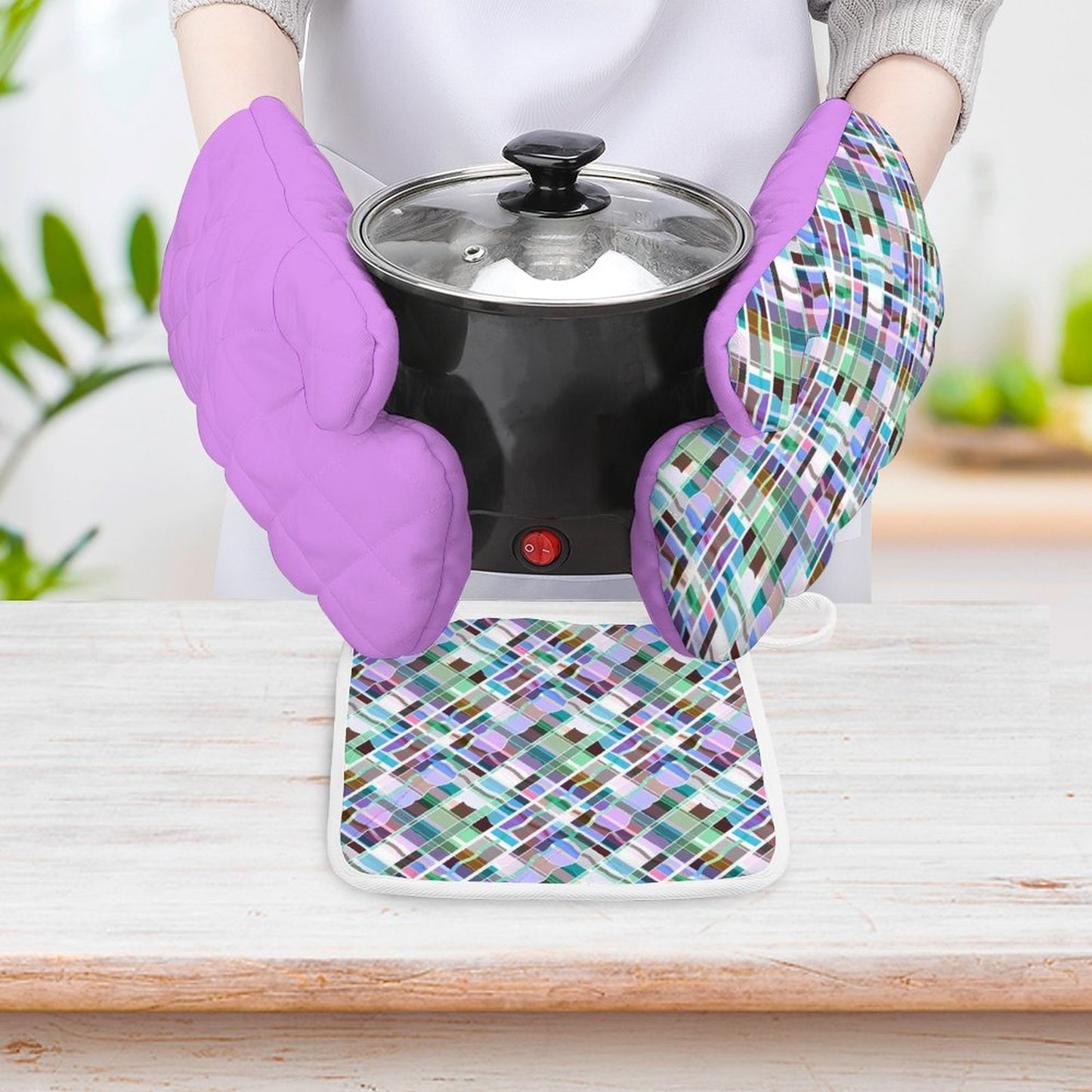 Oven Mitts & Pot Holder Set of 3 Purple Multi color