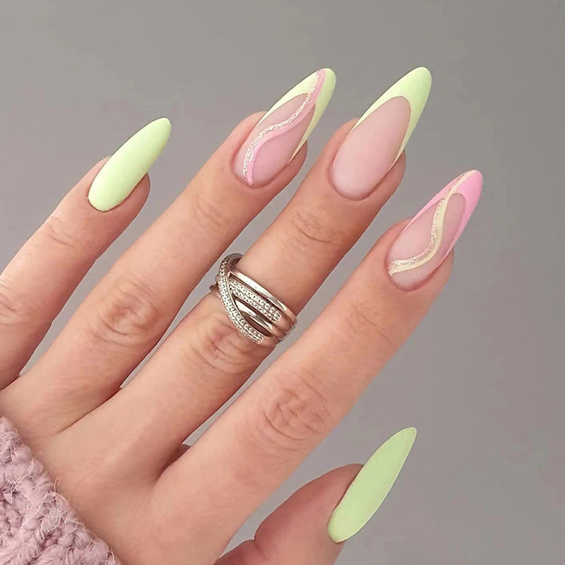 press on nails French manicure fresh yellow pink line glitter matte nails piece fake nails removable nails 365nails