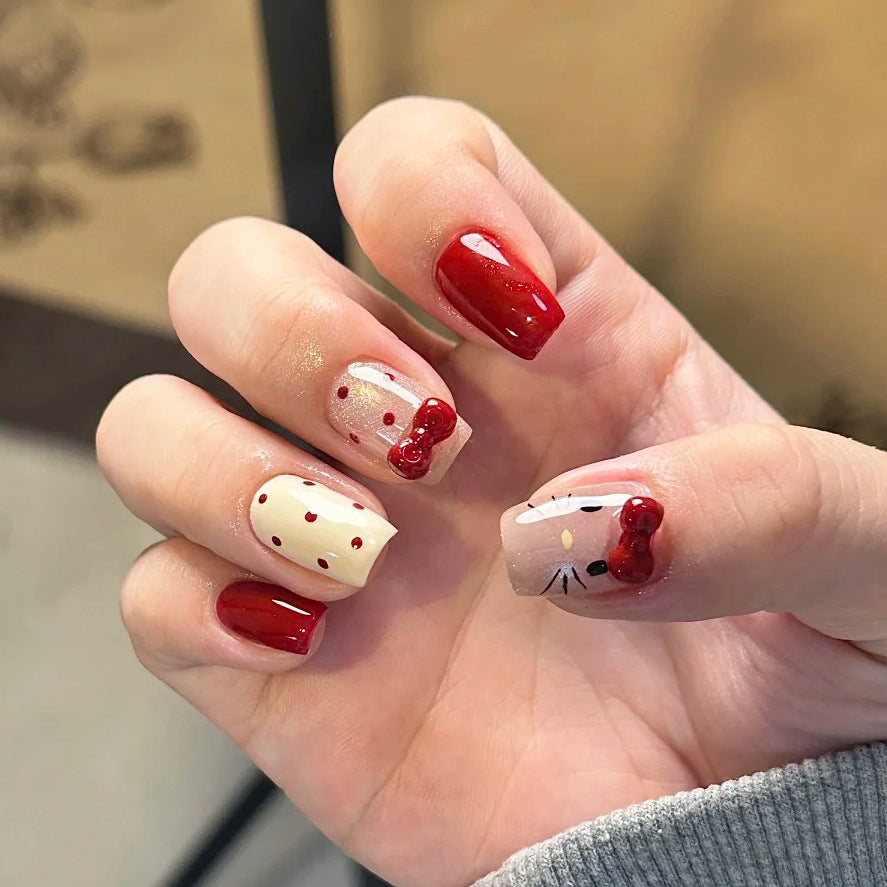 Autumn and winter sweet cat press-on nails three-dimensional point diamond bow removable manicure red polka dot nail piece