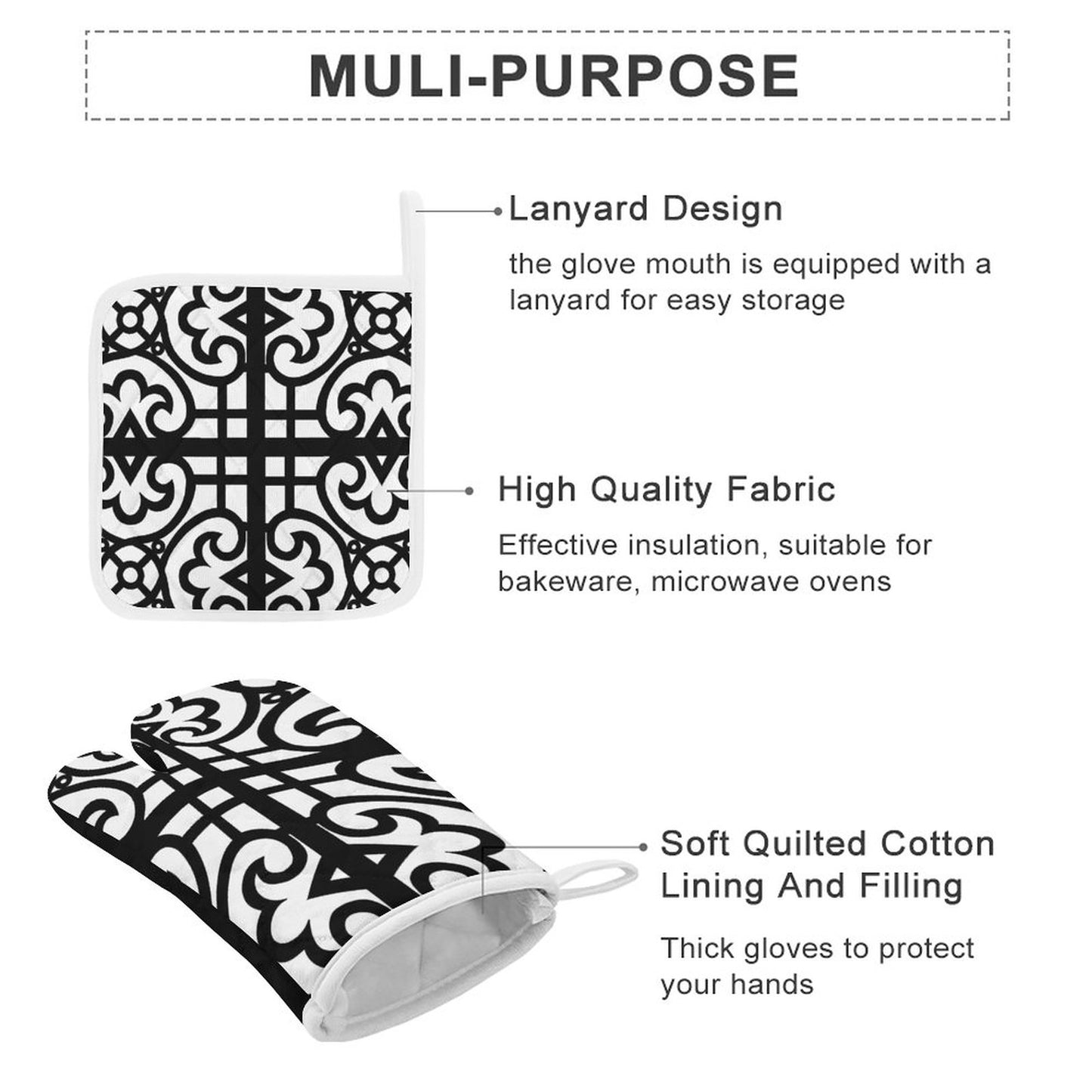 Oven Mitts & Pot Holder Set of 3 Black and White