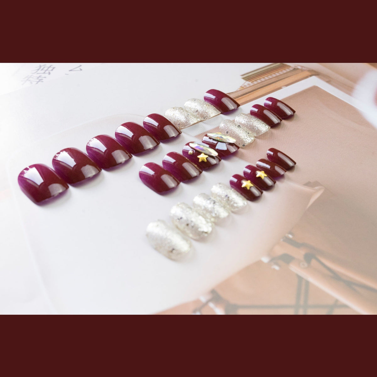 Burgundy star shell whitening nail patch press on nails finished fake nail waterproof removable pregnant women can – Image 4