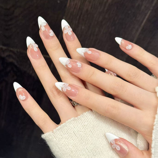 Soft Nude French Petal Flower Glossy Press On Tips – Image 2