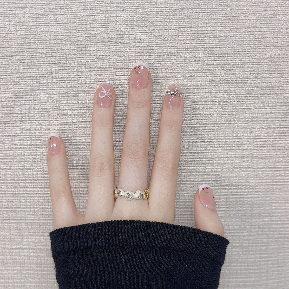 365nails: "Cherry Cream" – Hand-Painted Fruit & Bow French Tip Nails – Image 3