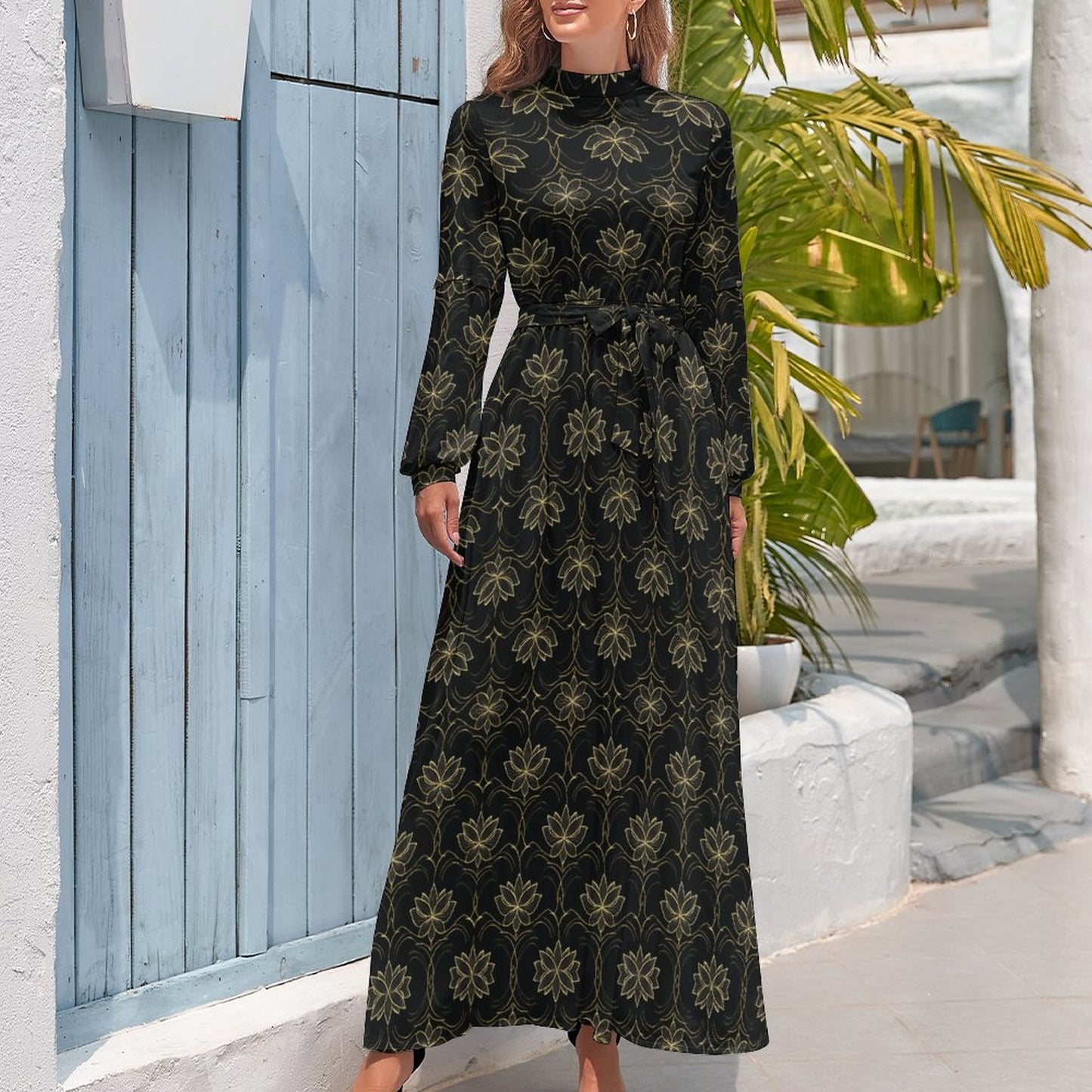 Turtle Neck Long Dress for Women XQ (All-Over Printing)