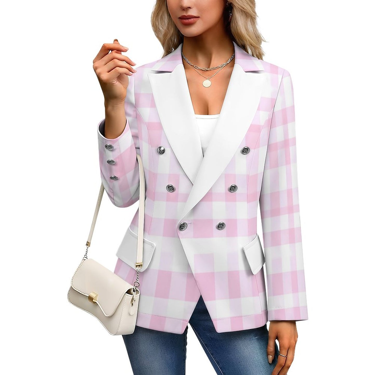 Women's Casual Blazer Pink Plaid