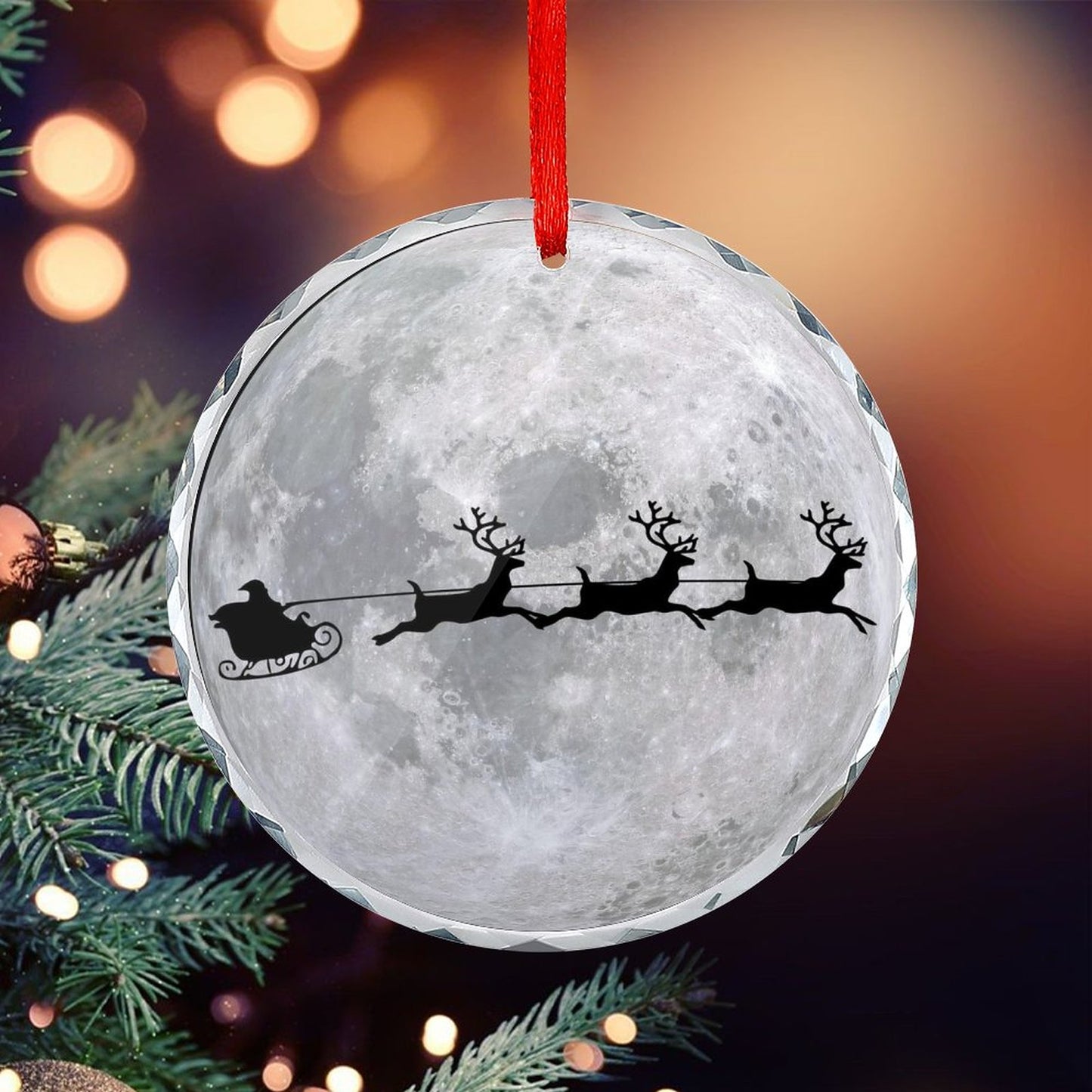 Glass Circular Ornament Pendant - Moon Santa Flying