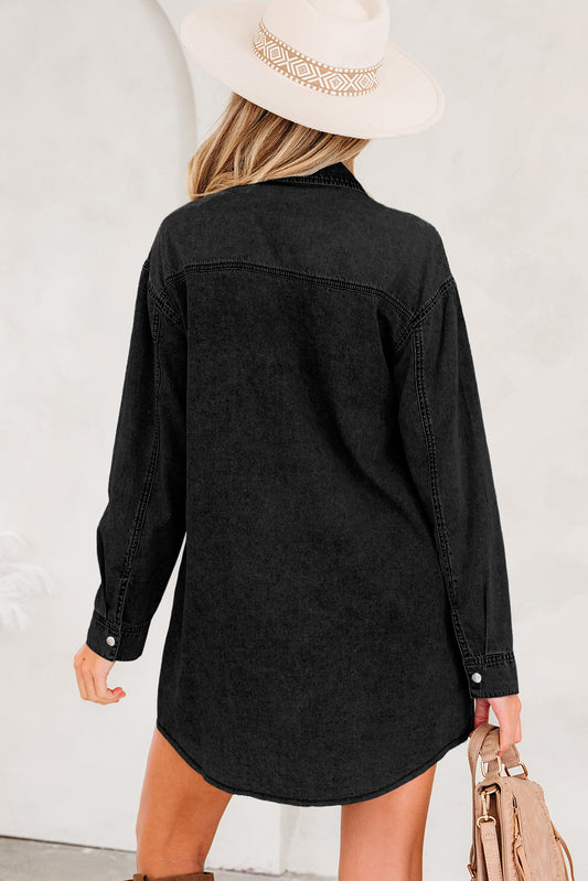 Medium Grey Beau Chest Pocket Raw Hem Denim Loose Shirt Dress