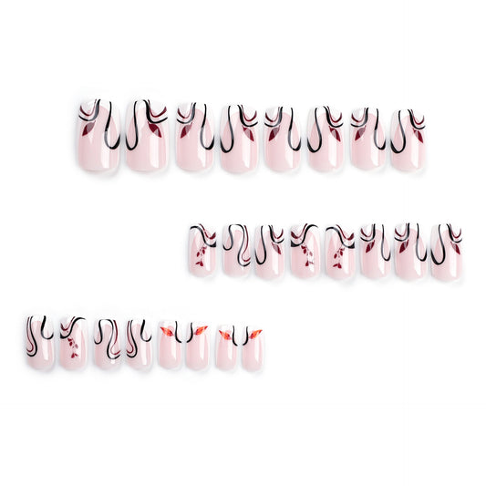 French white edge autumn and winter deciduous leaves wear nail pads black curve lines manicure square nail pads – Image 2