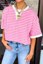 Pink Stripe Round Neck Drop Shoulder Short Sleeve Loose Top