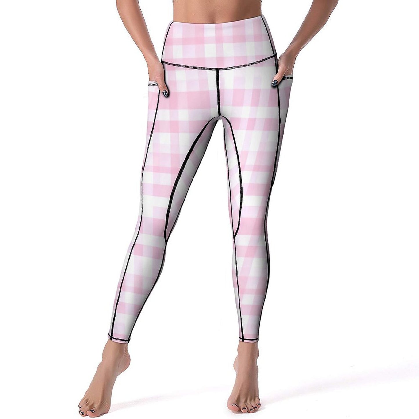 Custom Print Patterned Yoga Pants with 2 Pockets Pink Checkers