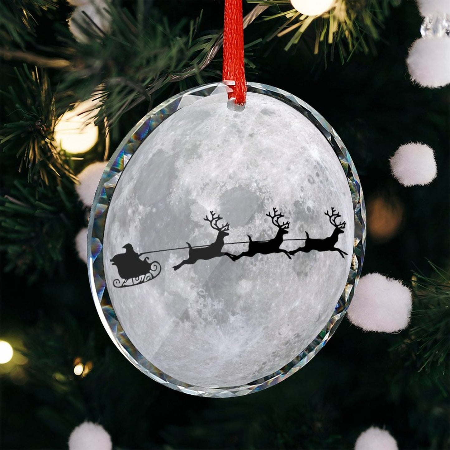 Glass Circular Ornament Pendant - Moon Santa Flying