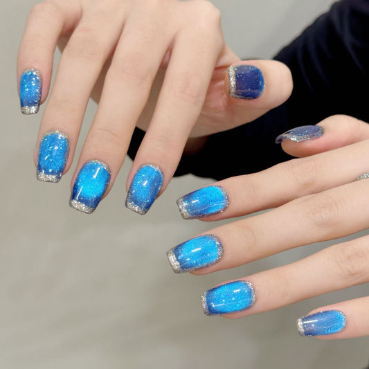 365nails: "Sapphire Galaxy" – Cat-Eye Glitter & Silver French Tip Handmade Short Square Nails – Image 2