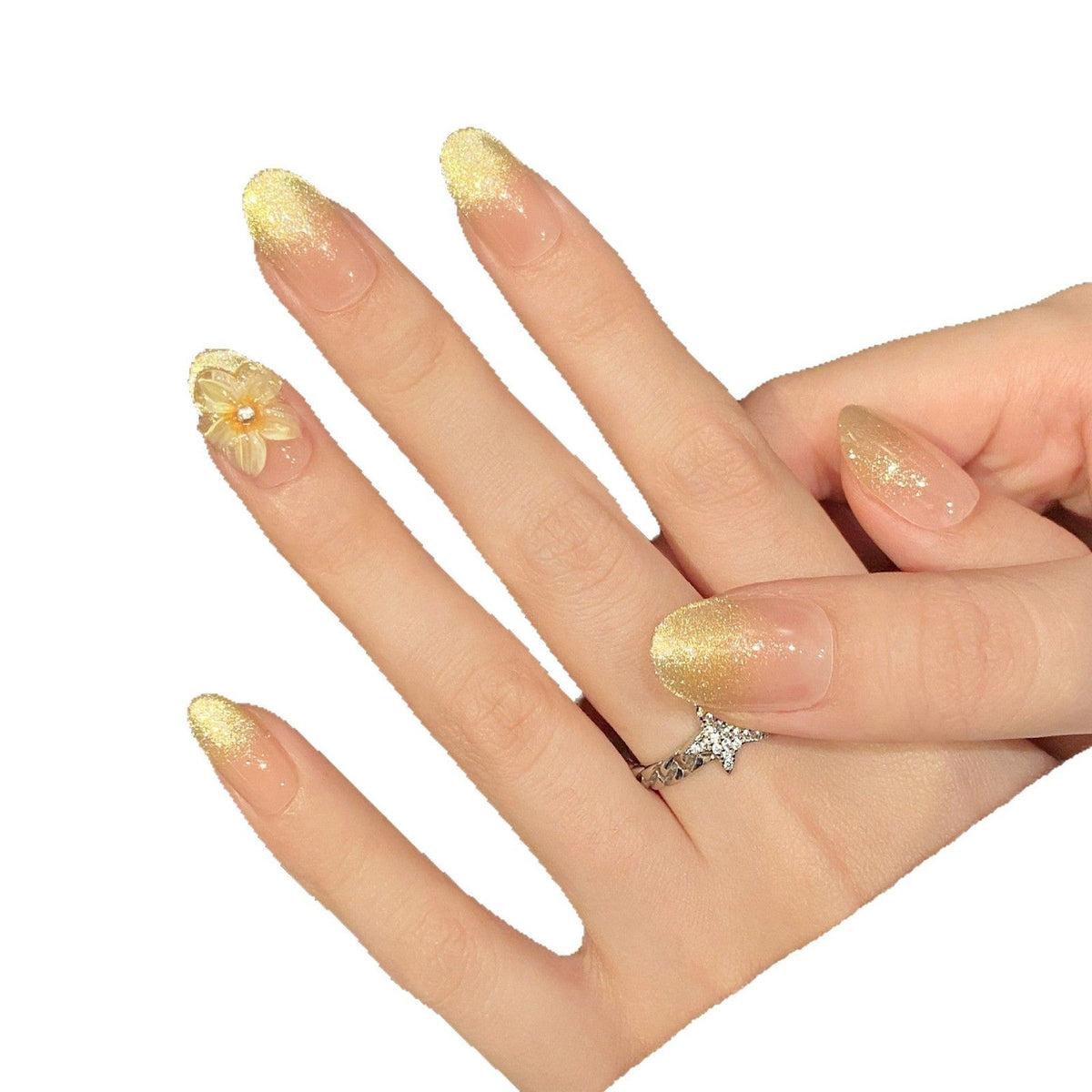 365nails: "Gilded Bloom" – 3D Floral & Glitter Ombré Handmade Medium Almond Nails – Image 5