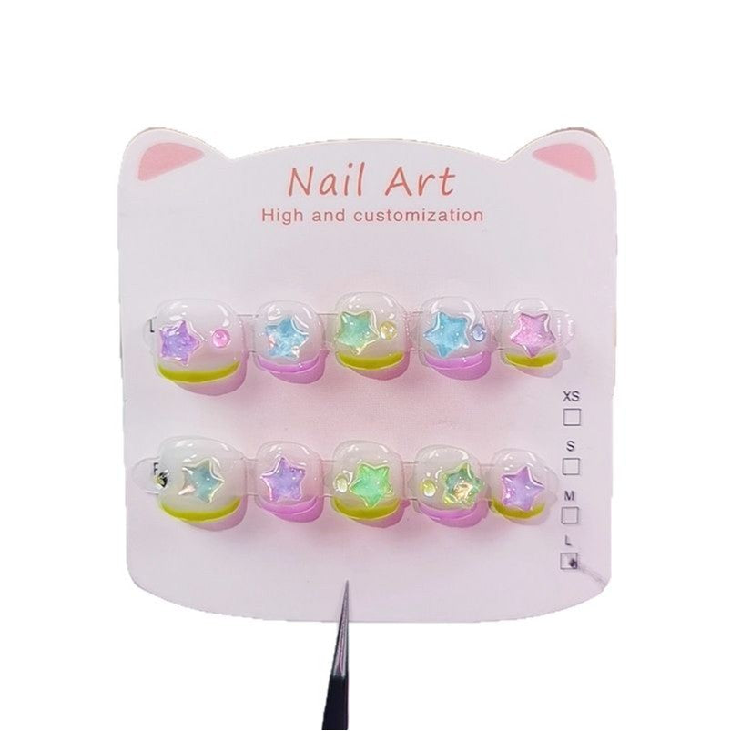 Rainbow Star Kids Press On Nails with Pastel Glitter – Image 4