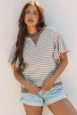 Parchment Contrast Detail Striped Ruffle Short Sleeve Top