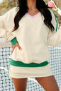 Ribbed Colorblock Trim V Neck Sporty Pullover Mini Skort 2pcs Athleisure Set