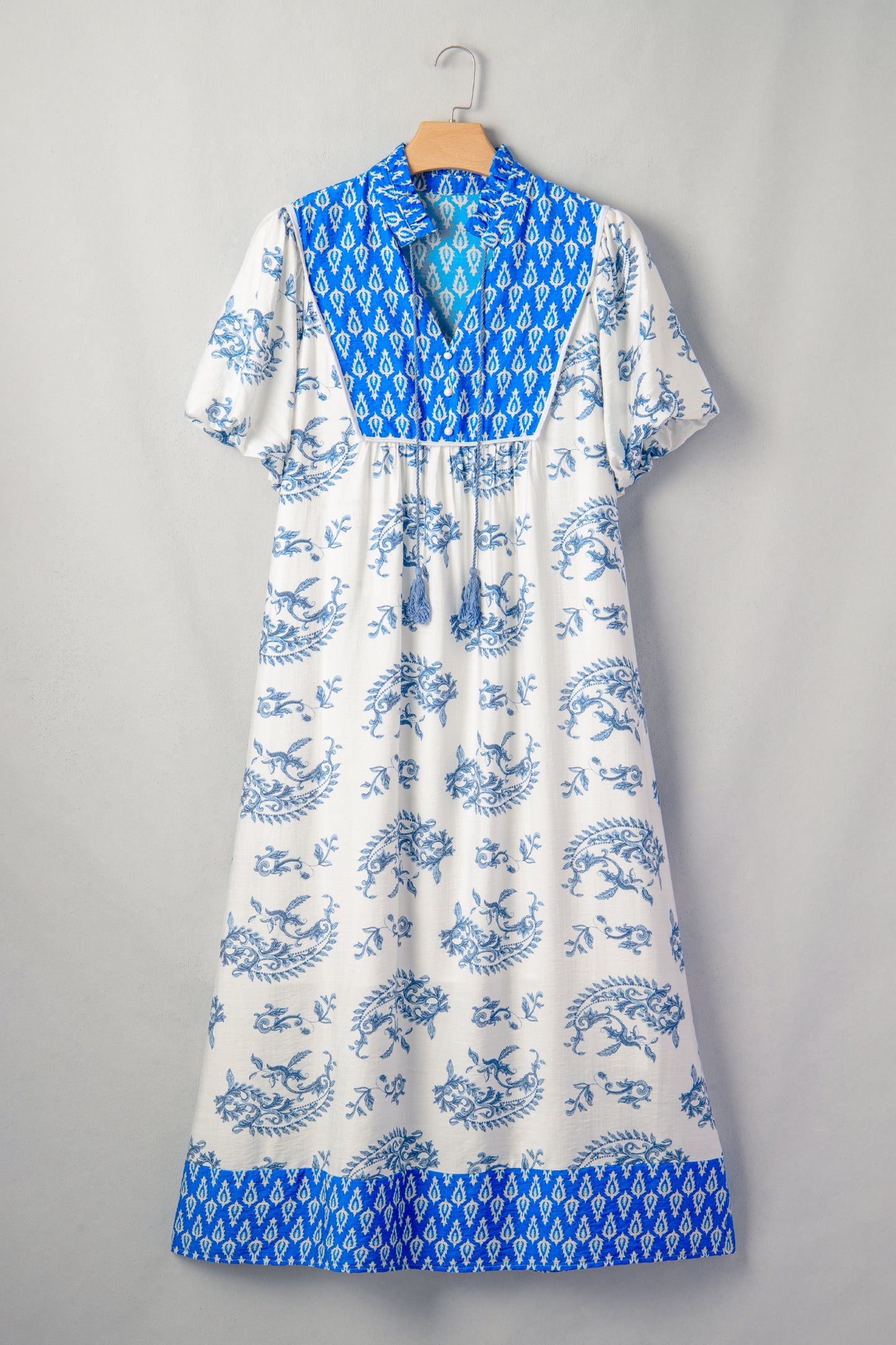 Sky Blue Plus Size Floral Print Contrast Boho Patchwork V Neck Loose Midi Dress