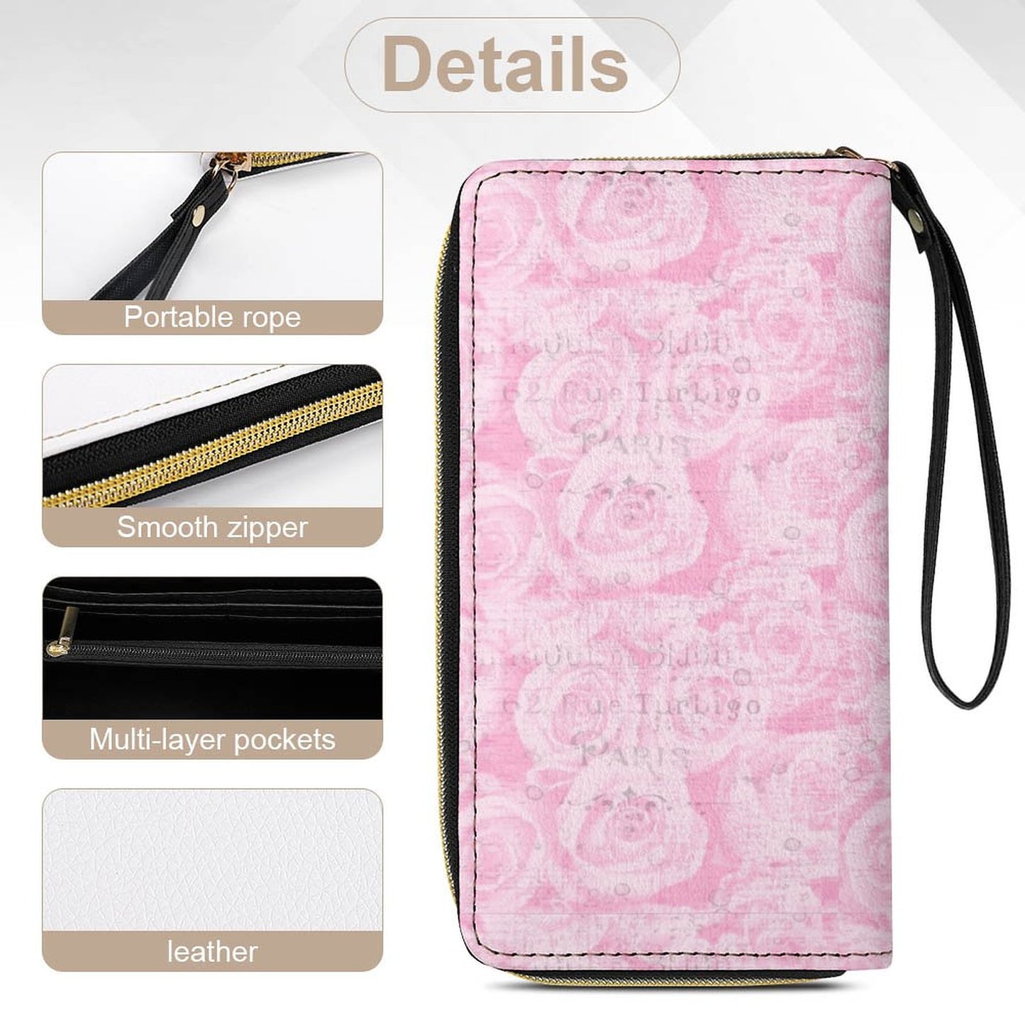 Leather Wallet with Wristlet Strap (2 Pictures on 2 Sides)