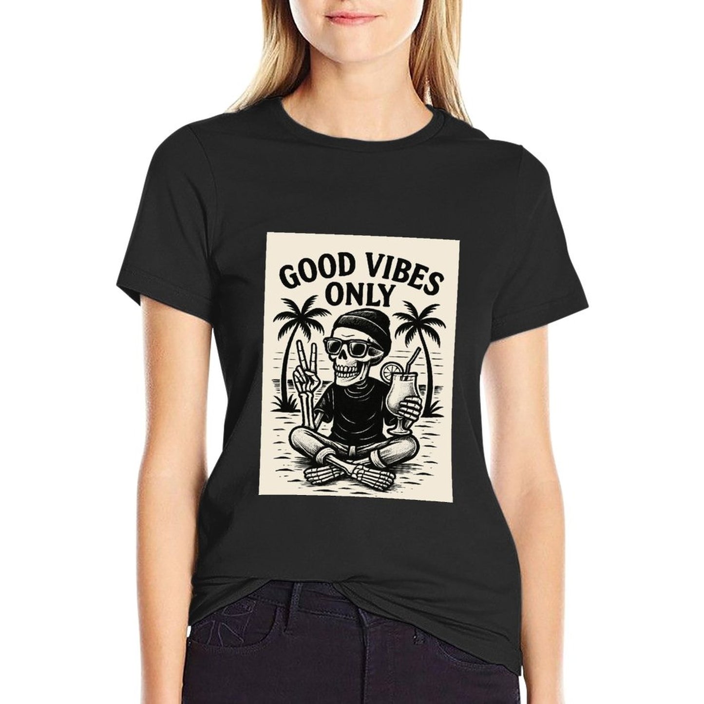 Short Sleeve Cotton Crewneck T-Shirt for Men Women (Front Printing) - Good Vibes Only
