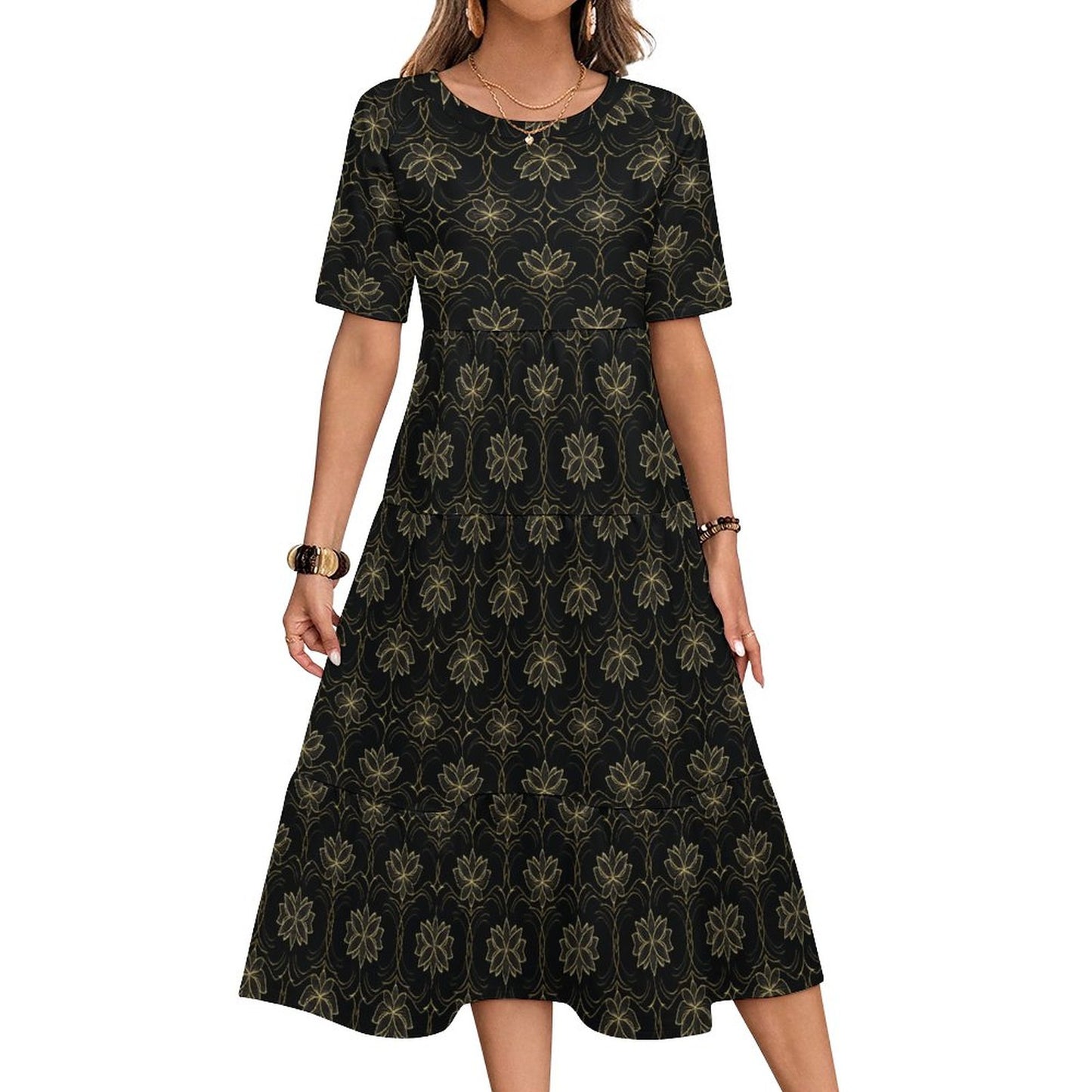 Wide Round Neck 3/4 Sleeve Long Dress