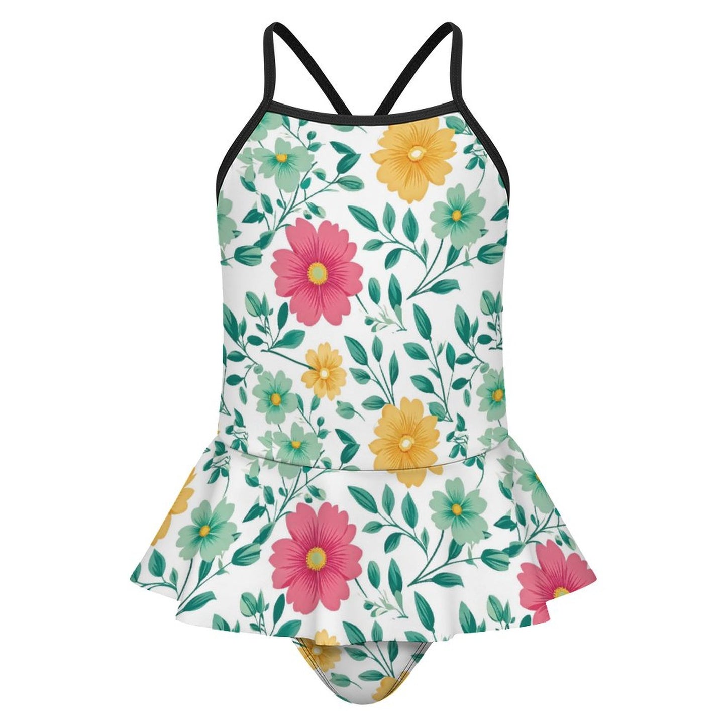 Girls One Piece Ruffle Strap Swimsuit Flowers