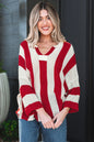 Red Stripe Colorblock V Neck Bracelet Sleeve Sweater