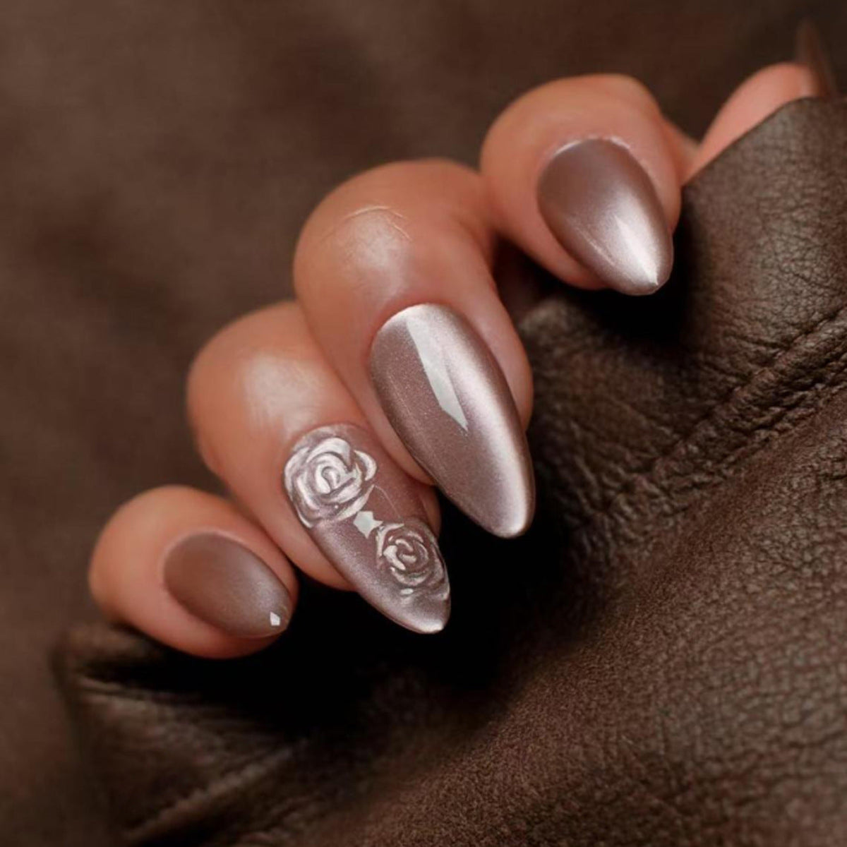 Autumn 3D Stereo Rose Brown Cat Eye Flash Short Almond press-on nails