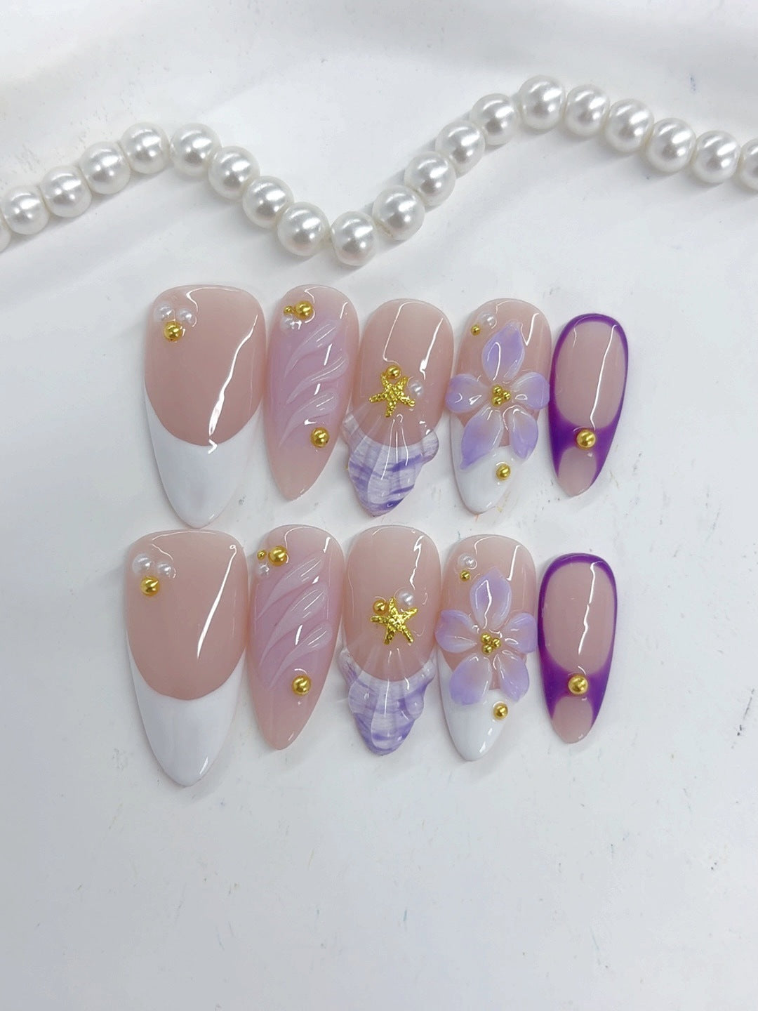 Elegant Pastel: "Lavender Bloom French" – Medium Almond Nude & Purple Gradient Handmade Press-On – Image 6