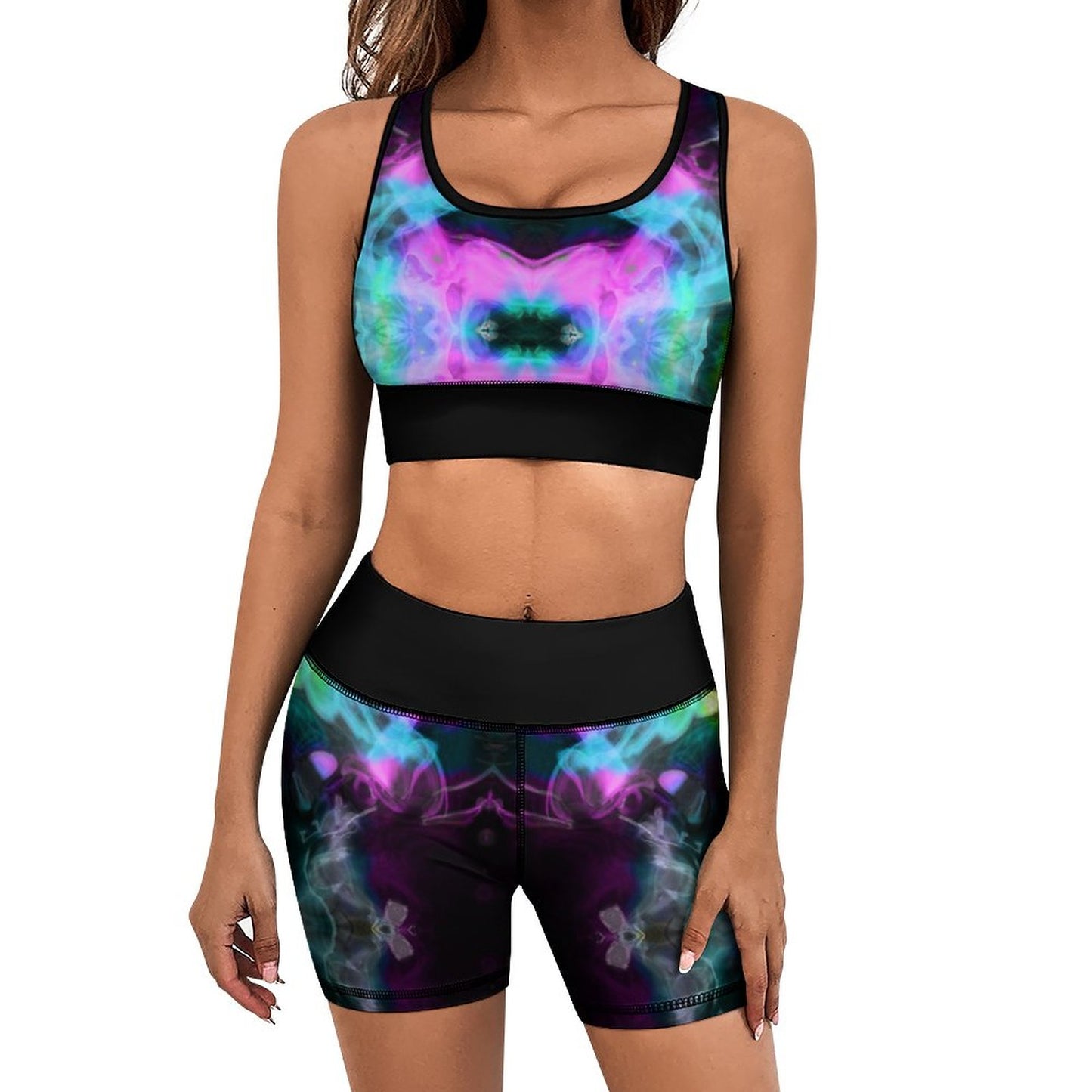 Workout Yoga Set - Black Teal and Pink