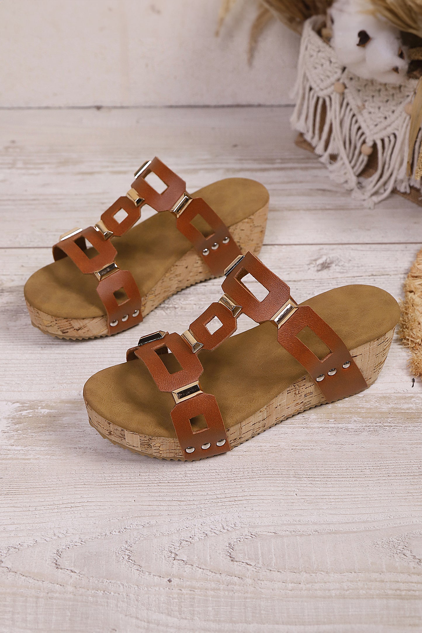Coffee Retro Hollowed PU Leather Wedge Platform Slippers