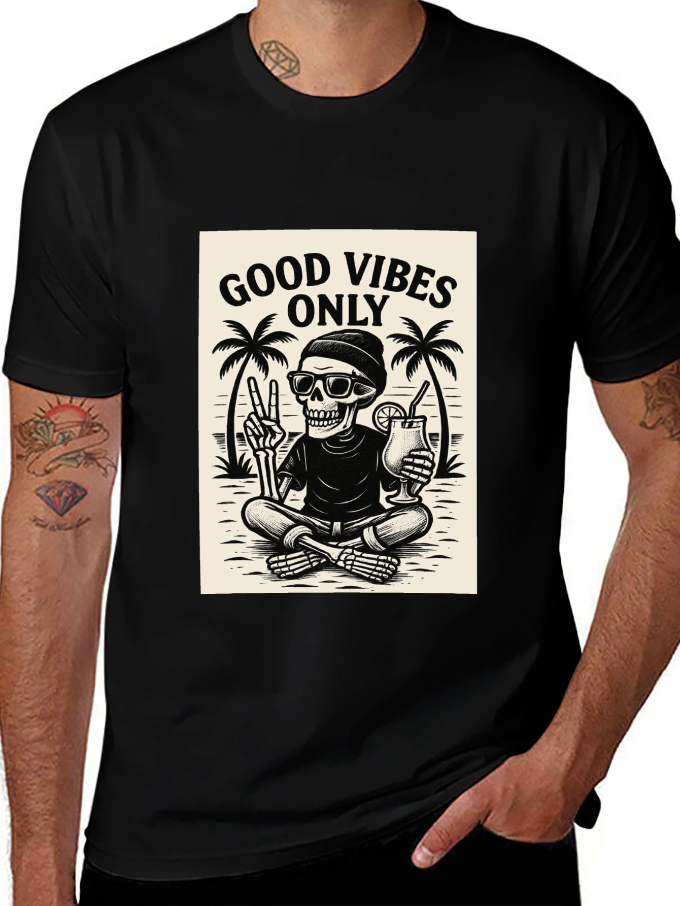 Short Sleeve Cotton Crewneck T-Shirt for Men Women (Front Printing) - Good Vibes Only