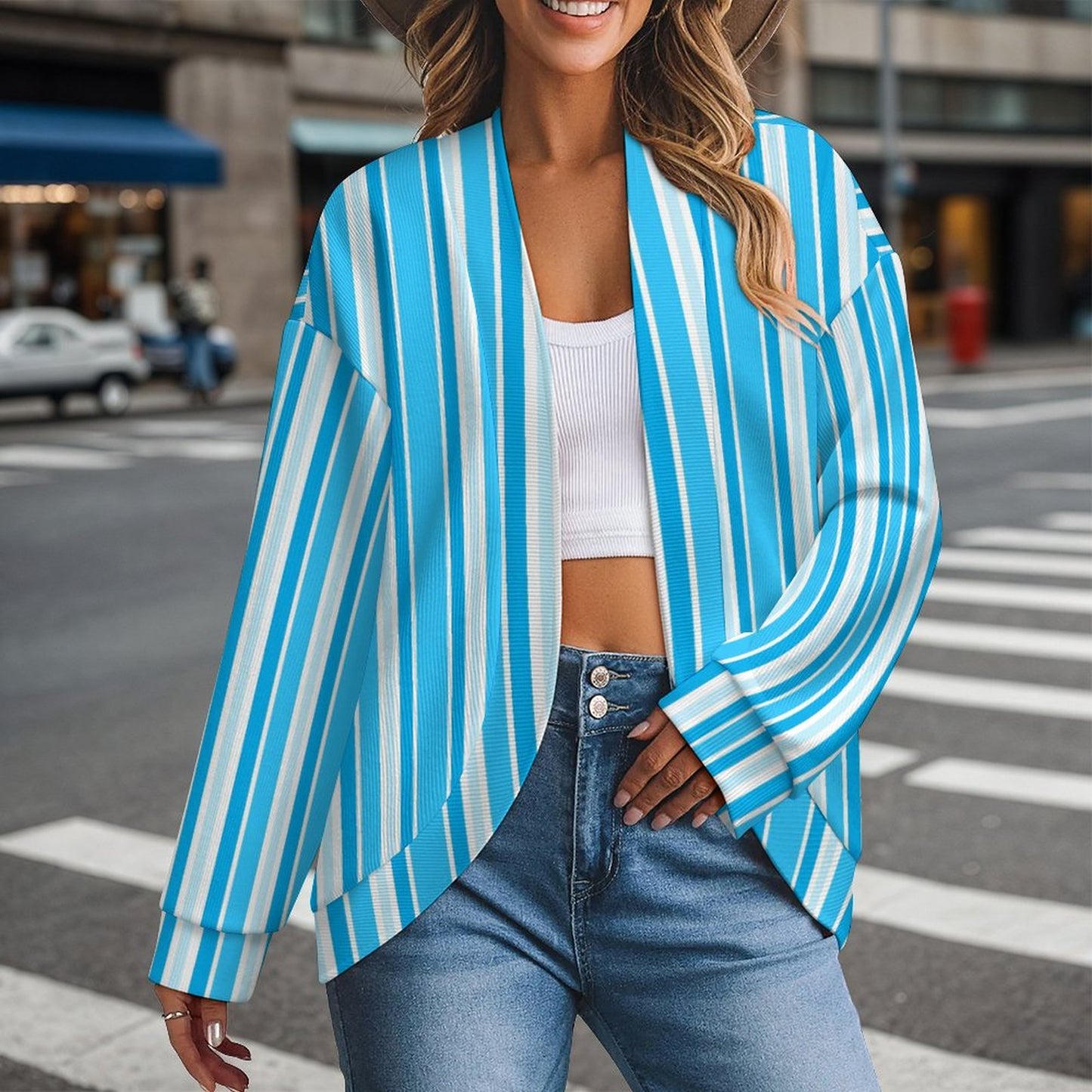 Women's Drop Shoulder Cardigan Blue Stripes