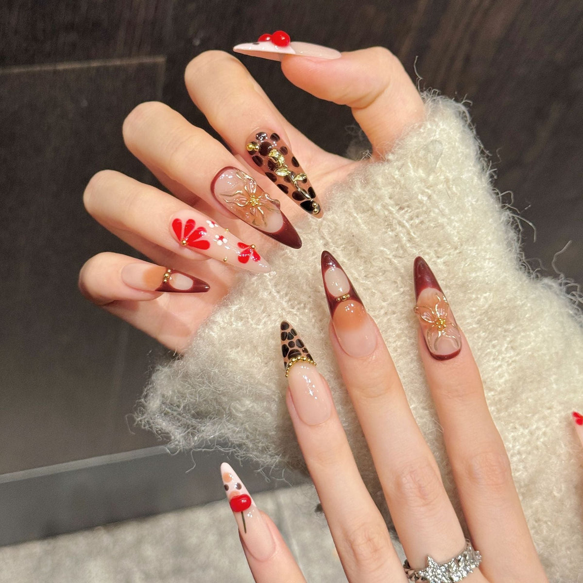 365nails: "Cherry Leopard" – 3D Floral & Animal Print Handmade Stiletto Nails – Image 2