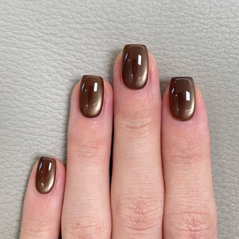 Brown Glow Square Nails with Glossy Metallic Shine
