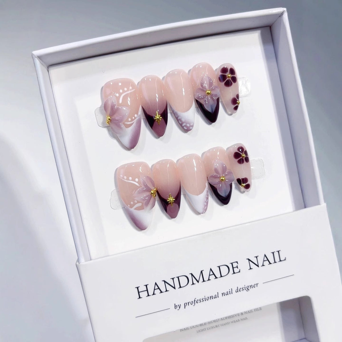 Plum Blossom Gradient: "Purple Floral" – Almond Press-On Nails – Image 3