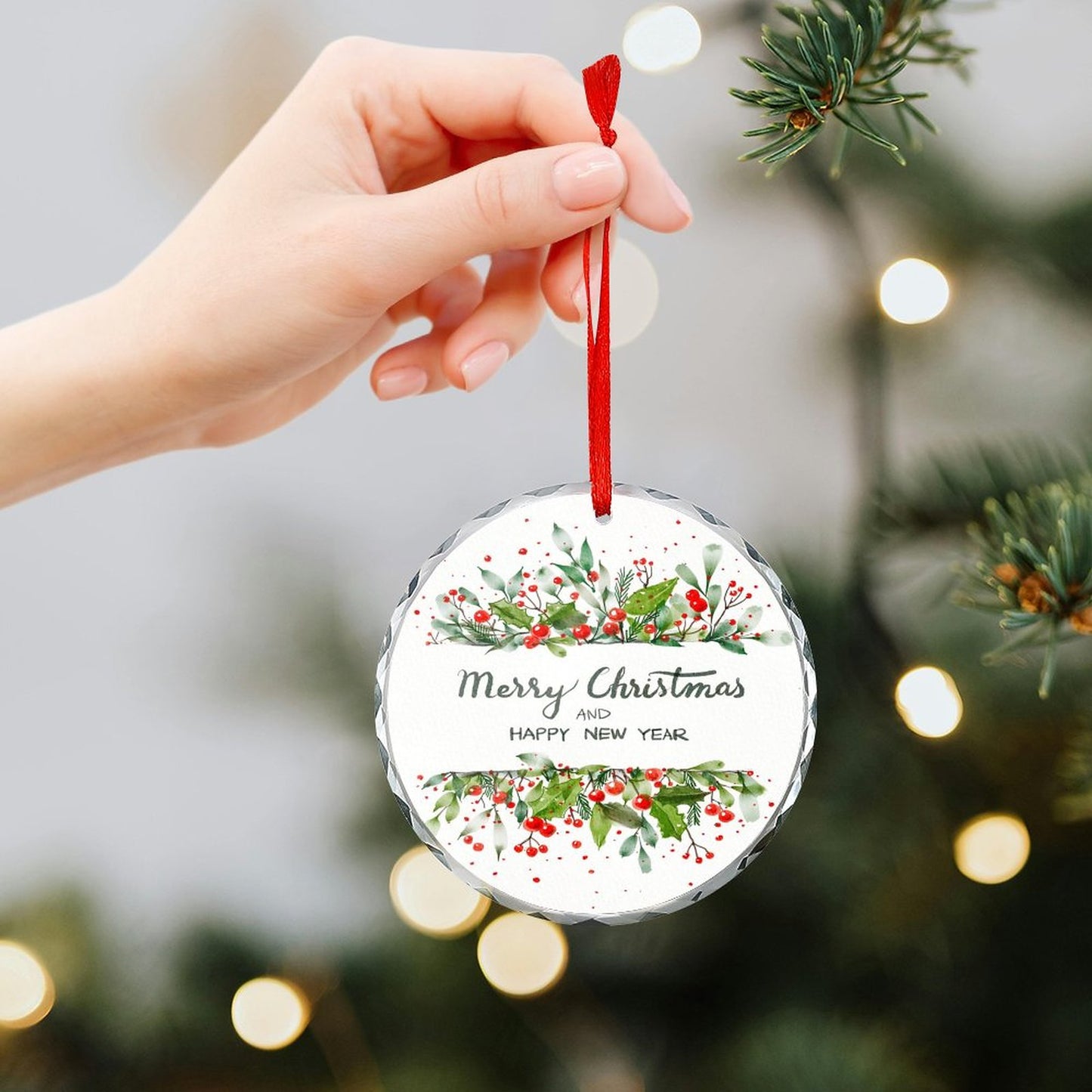 Glass Circular Ornament Pendant - Merry Christmas and a Happy New Year