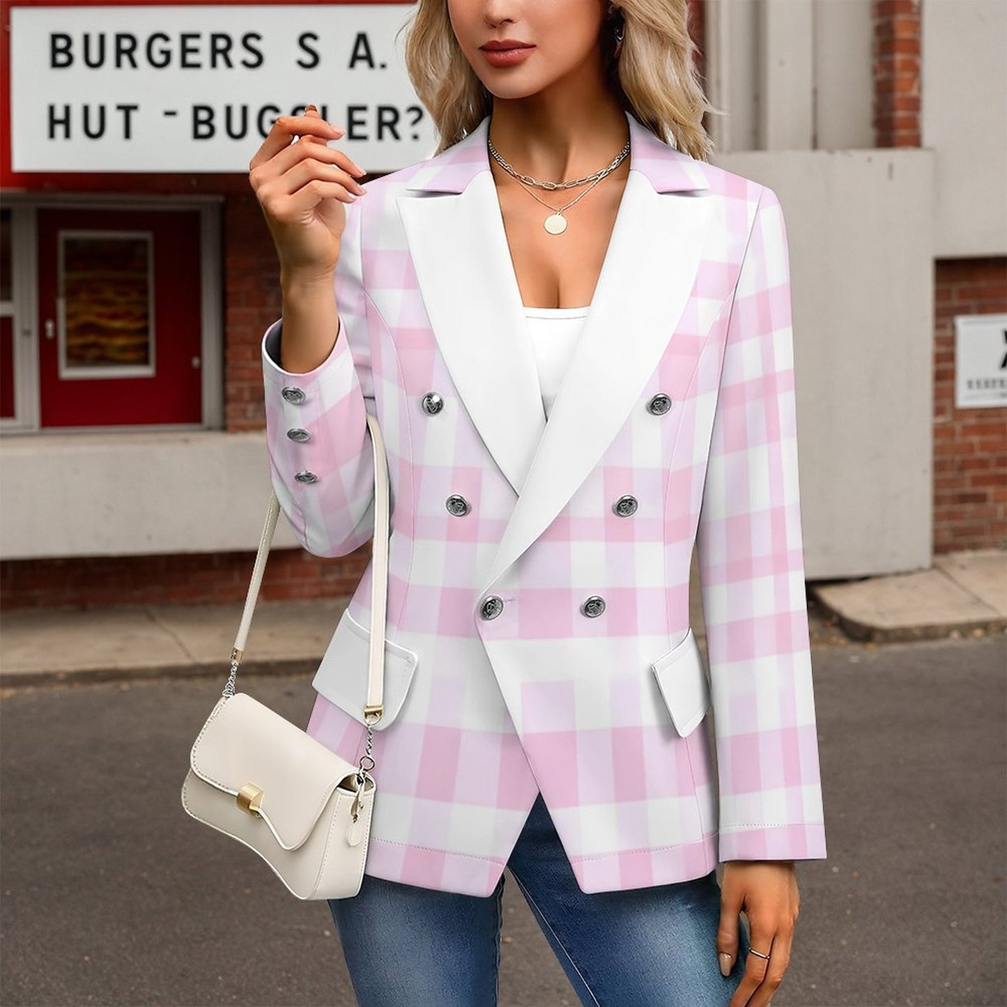 Women's Casual Blazer Pink Plaid