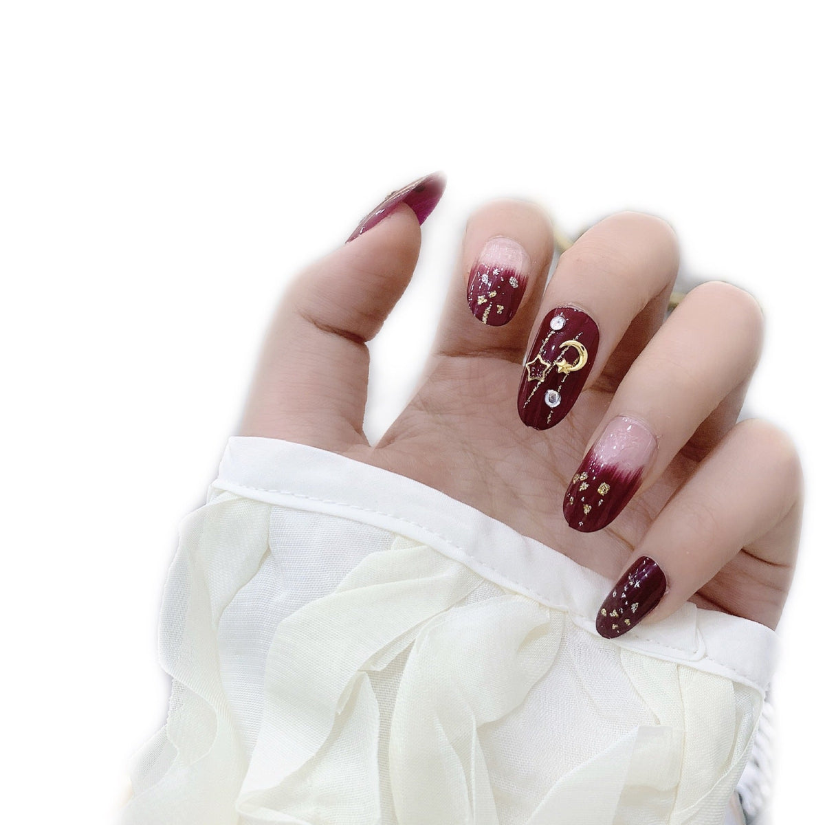 365nails: "Crimson Velvet Night" – 3D Moon & Star Handmade Medium Almond Nails – Image 5