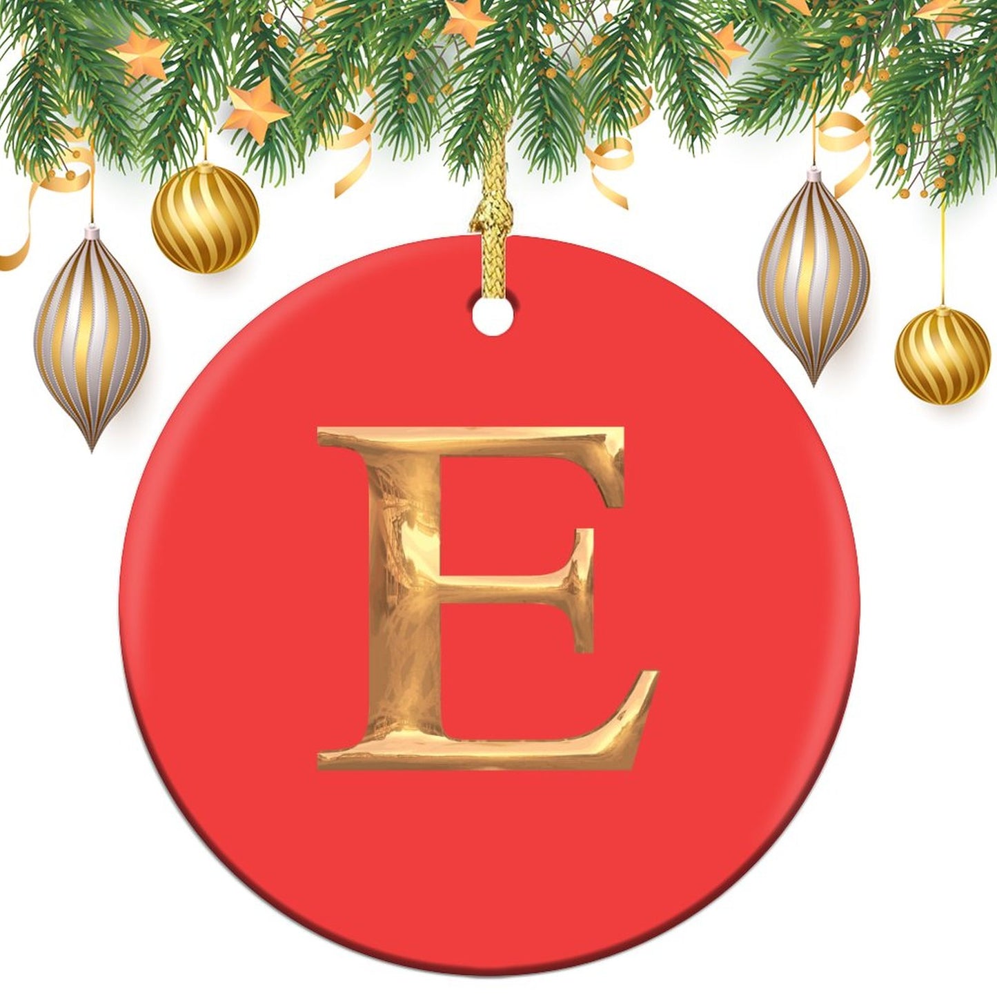 Round Christmas Ceramic Ornament (Glossy Surface) - Letter E
