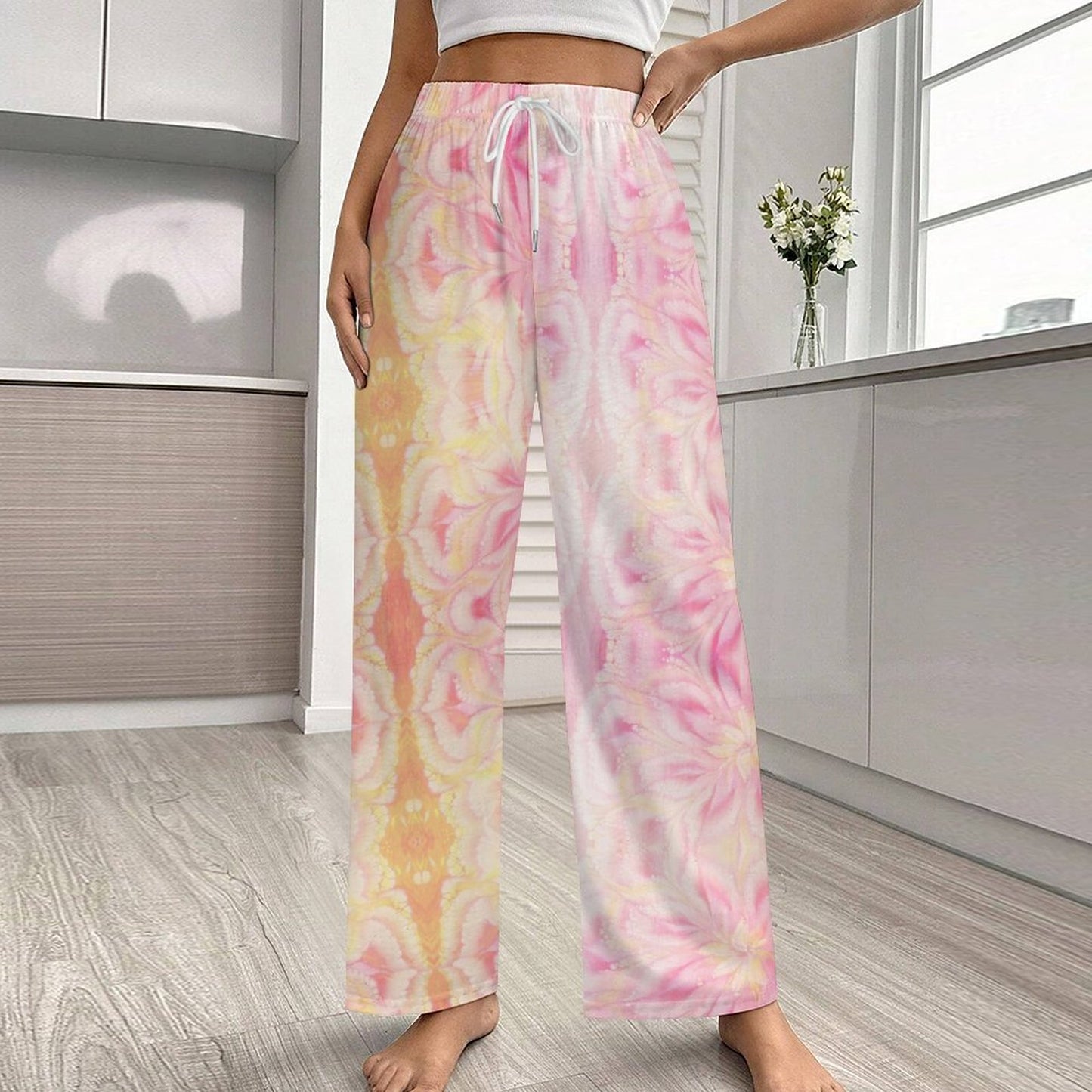 Faux Cotton Drawstring Women Wide Leg Pajamas Pants Pink Tie-Dye