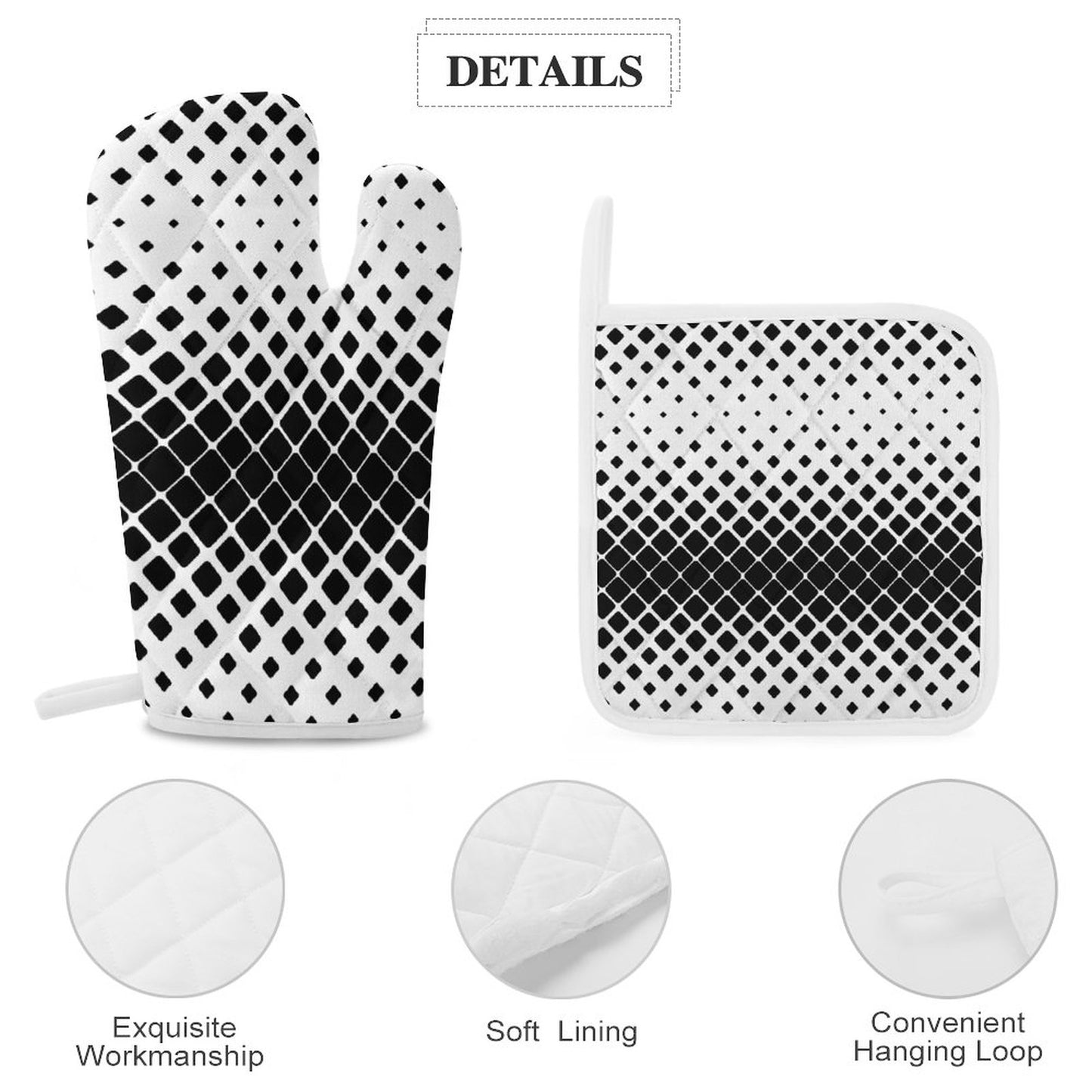 Oven Mitts & Pot Holder Set of 3 Black and White