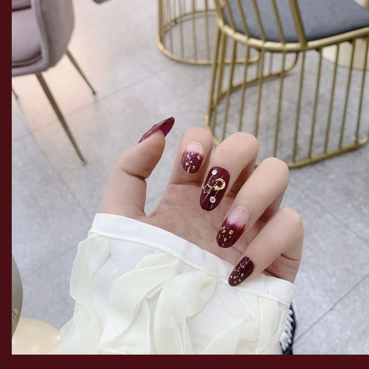 365nails: "Crimson Velvet Night" – 3D Moon & Star Handmade Medium Almond Nails – Image 3
