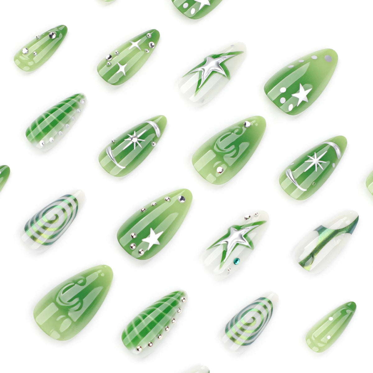 3D green smudged y2k short almonds press-on nails – Image 4